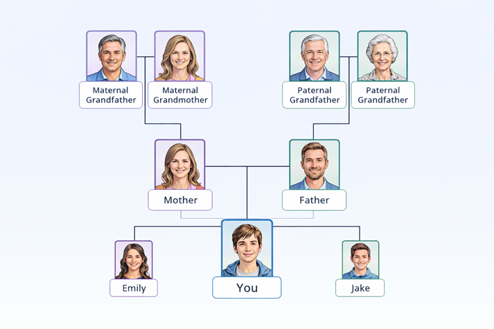 A clean, modern pedigree chart showing one person at the bottom and branches extending upward to parents and grandparents.
